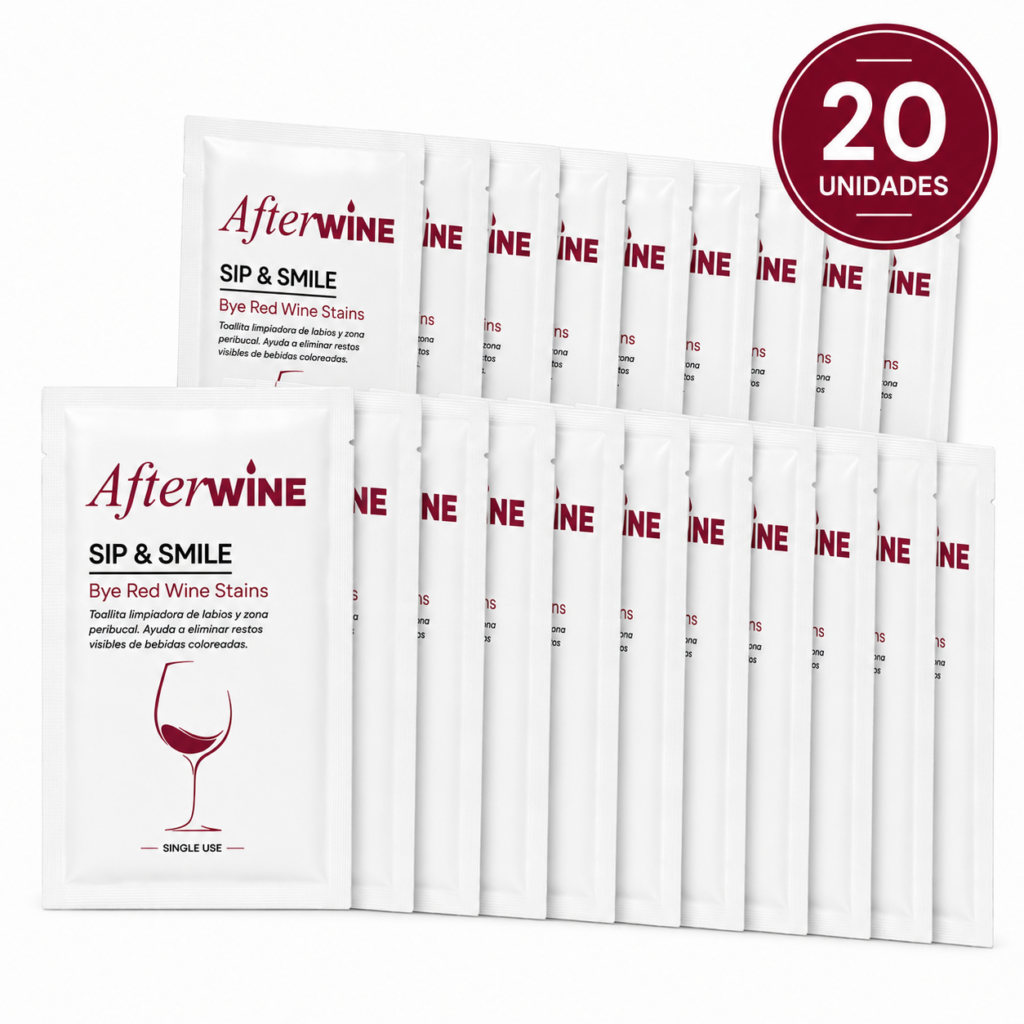 AfterWine® Pack 20 Toallitas Cosméticas Monodosis | Refrescan y Limpian Labios y Zona Peribucal | Formato Individual | Ideales Después de Vino, Café o Té