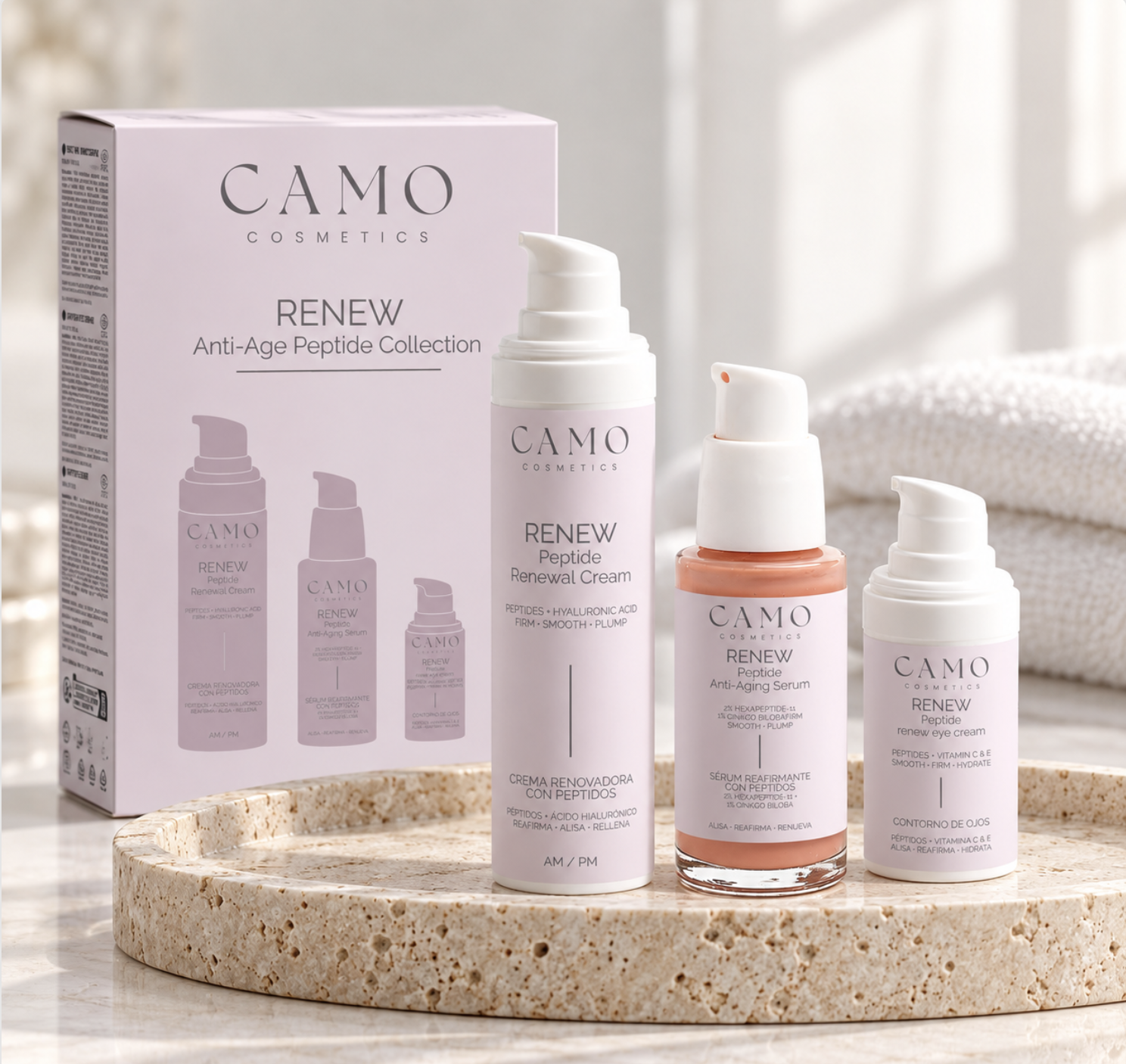 CAMO RENEW – Pack Antiedad con Péptidos: Sérum, Contorno de Ojos y Crema Facial AM/PM - Imagen 3