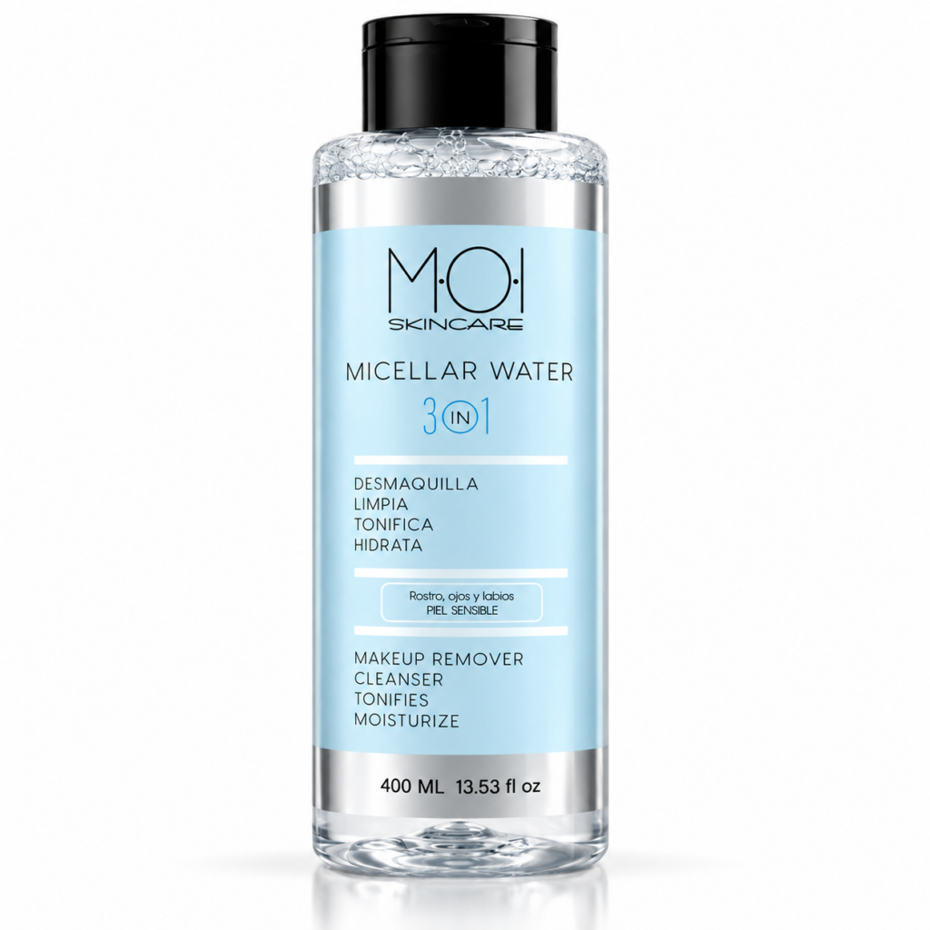 Agua Micelar 3 en 1 - Desmaquilla, Limpia, Tonifica e Hidrata - Ojos, Rostro y labios - Pieles sensibles - FORMATO PROFESIONAL 400ML MOI SKINCARE